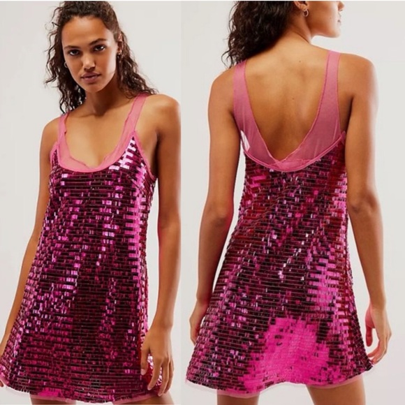 NWT! Free People Disco Fever Mini Slip Hot Pink Combo- $98 - Picture 5 of 9